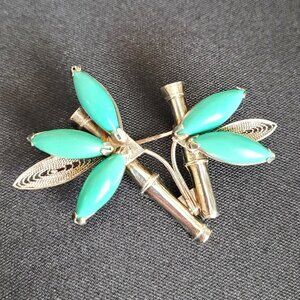 820 Sterling Silver Spun Filigree Turquoise Jade in Sterling Bamboo Branch Pin